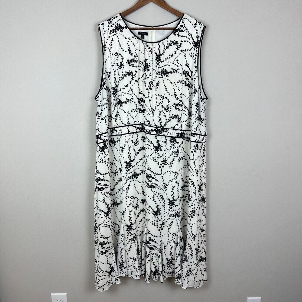 Talbots Midi Dress Womens 22W Ivory‎ Black Floral Flounce Hem Sleeveless Lined